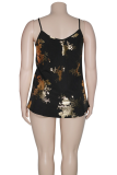 Black Sexy Print Patchwork Spaghetti Strap Plus Size Tops