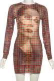 Red Sexy Print Contrast O Neck Wrapped Skirt Dresses