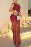 Burgundy Sexy Solid Color See-Through Oblique Collar Two Pieces