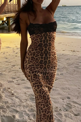 Leopard Print Sexy Leopard Print Lace Sequins Spaghetti Strap Long Dresses