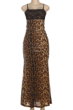 Leopard Print Sexy Leopard Print Lace Sequins Spaghetti Strap Long Dresses