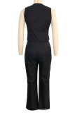 Black Casual Solid Color Buckle V Neck Sleeveless Two Pieces