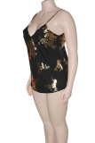 Black Sexy Print Patchwork Spaghetti Strap Plus Size Tops