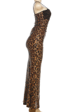 Leopard Print Sexy Leopard Print Lace Sequins Spaghetti Strap Long Dresses