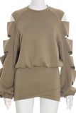 Light Brown Casual Solid Color Hollow Out O Neck Long Sleeve Two Pieces