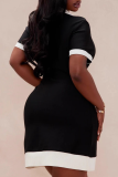Black Elegant Solid Color Contrast Turndown Collar Wrapped Skirt Dresses
