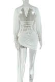 White Sexy Solid Color Strap Design Zipper V Neck Long Sleeve Two Pieces