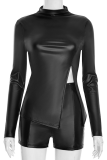 Black Casual Solid Color Slit O Neck Long Sleeve Two Pieces
