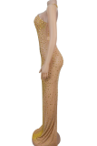 Gold Sexy Solid Color See-Through Mesh Hot Drill Half A Turtleneck Long Dresses