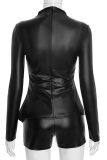 Black Casual Solid Color Slit O Neck Long Sleeve Two Pieces