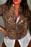 Brown Casual Leopard Print Zipper Zipper Collar Outerwear