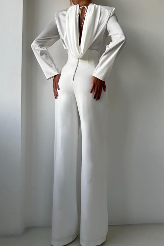 White Casual Solid Color Backless Turtleneck Long Sleeve Two Pieces