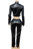 Burgundy Casual Solid Color Zipper O Neck Long Sleeve Two Pieces