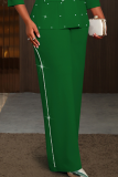 Green Casual Solid Color Hot Drill Plus Size