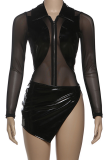 Black Sexy Solid Color Slit Zipper Turndown Collar Long Sleeve Two Pieces