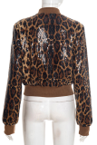 Brown Casual Leopard Print Zipper Zipper Collar Outerwear