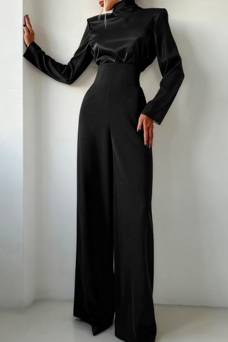 Black Casual Solid Color Backless Turtleneck Long Sleeve Two Pieces