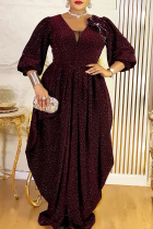 Red Elegant Solid Color Ruched V Neck Long Plus Size Dresses