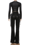 Black Casual Solid Color Hollow Out O Neck Long Sleeve Two Pieces