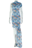 Blue Elegant Print Slit O Neck Long Dresses