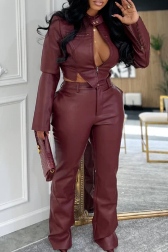 Burgundy Casual Solid Color Zipper O Neck Long Sleeve Two Pieces