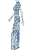 Blue Elegant Print Slit O Neck Long Dresses