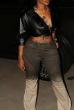 Black Casual Solid Color Zipper Turndown Collar Outerwear