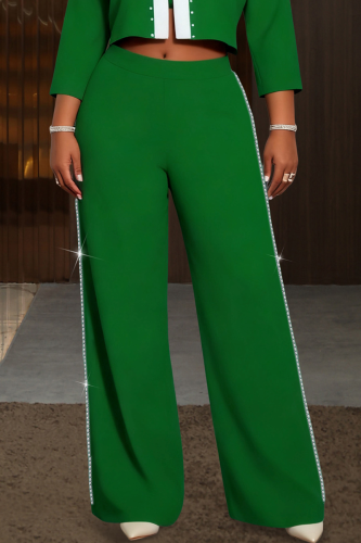 Green Casual Solid Color Hot Drill Plus Size