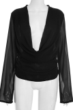 Black Casual Solid Color Ruched Deep V Neck Tops