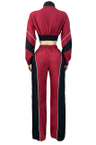Burgundy Casual Contrast Zipper Collar Long Sleeve Two Pieces