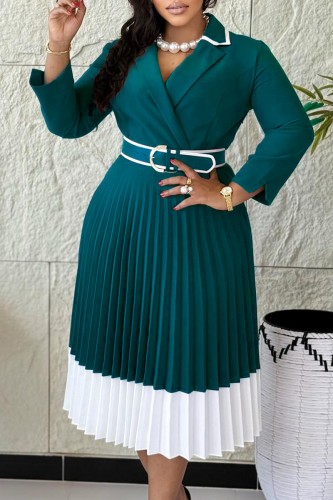 Peacock Blue Elegant Solid Color With Belt Pleated Contrast Turndown Collar A Line Dresses