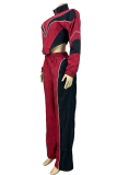 Burgundy Casual Contrast Zipper Collar Long Sleeve Two Pieces