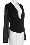 Black Casual Solid Color Ruched Deep V Neck Tops