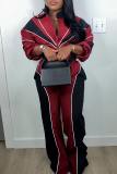 Burgundy Casual Contrast Zipper Collar Long Sleeve Two Pieces