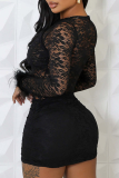Black Sexy Solid Color Lace O Neck Wrapped Skirt Dresses