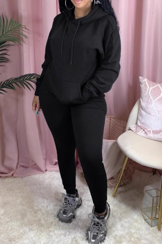 Black Casual Solid Color Pocket Hooded Long Sleeve Two Pieces