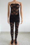 Black Sexy Solid Color Lace Strapless Sleeveless Two Pieces
