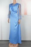 Blue Elegant Solid Color Sequins O Neck Long Plus Size Dresses