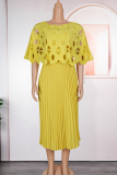 Black Elegant Solid Color Pleated O Neck Long Plus Size Dresses
