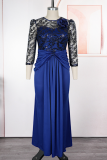 Blue Elegant Solid Color Lace Sequins O Neck Evening Plus Size Dresses