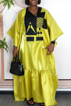 Yellow Casual Embroidery Contrast V Neck Long Dresses