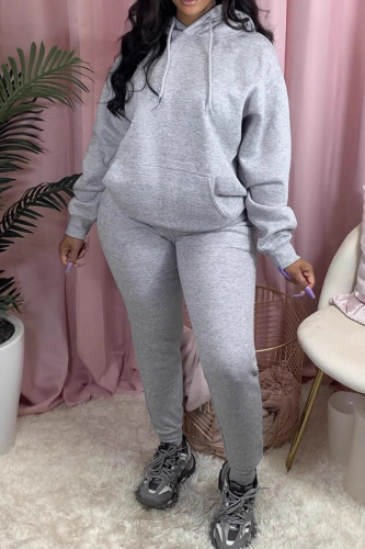 Grey Casual Solid Color Pocket Hooded Long Sleeve Two Pieces