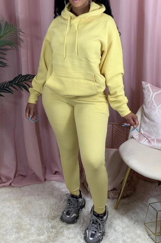 Yellow Casual Solid Color Pocket Hooded Long Sleeve Two Pieces