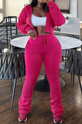 Rose Red Casual Solid Color Draw String Hooded Long Sleeve Two Pieces