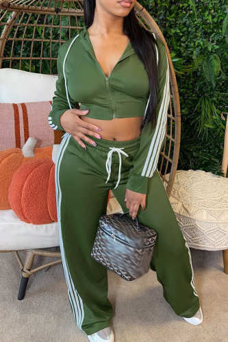 Green Casual Stripe Contrast Hooded Long Sleeve Two Pieces