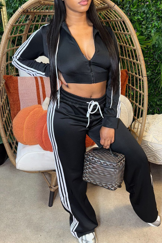 Black Casual Stripe Contrast Hooded Long Sleeve Two Pieces