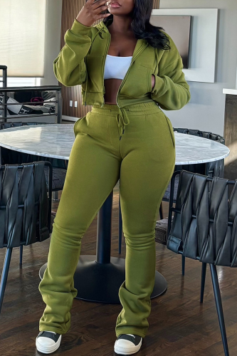 Green Casual Solid Color Draw String Hooded Long Sleeve Two Pieces