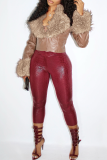 Coffee Casual Solid Color Zipper Fluffy V Neck Outerwear