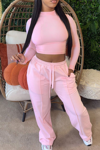 Pink Casual Solid Color Draw String O Neck Long Sleeve Two Pieces