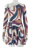 Brown Sexy Print Strap Design Oblique Collar Printed Dresses